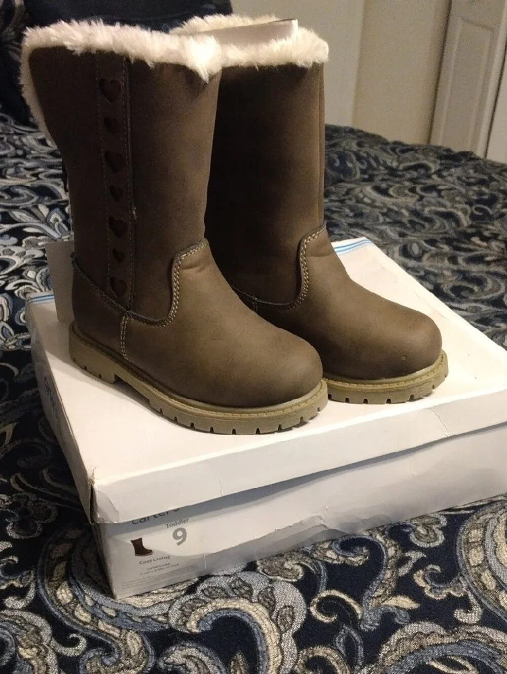 Carter's Taupe Girls Faux-Fur Tall Winter Boots with Heart Trim